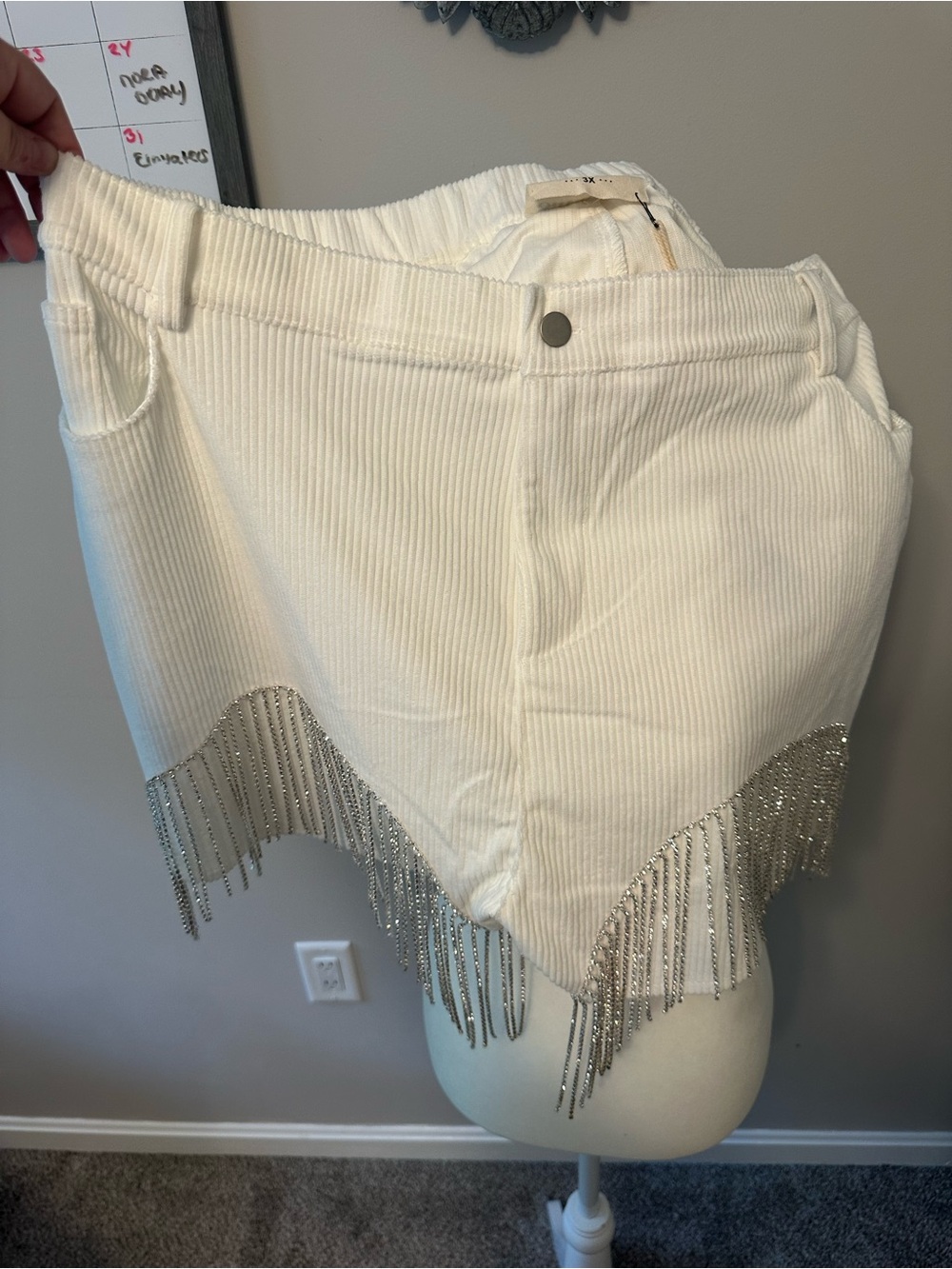 White Corduroy Shorts with Silver Fringe - Picture 2 of 4